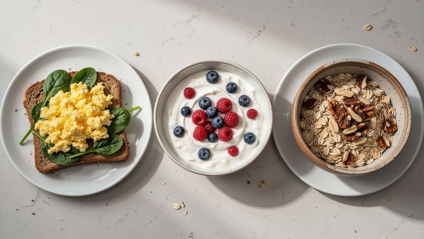 Top-down view of scrambled eggs on toast with spinach, berry-topped yogurt, and nut-mixed oats on plate and bowl.