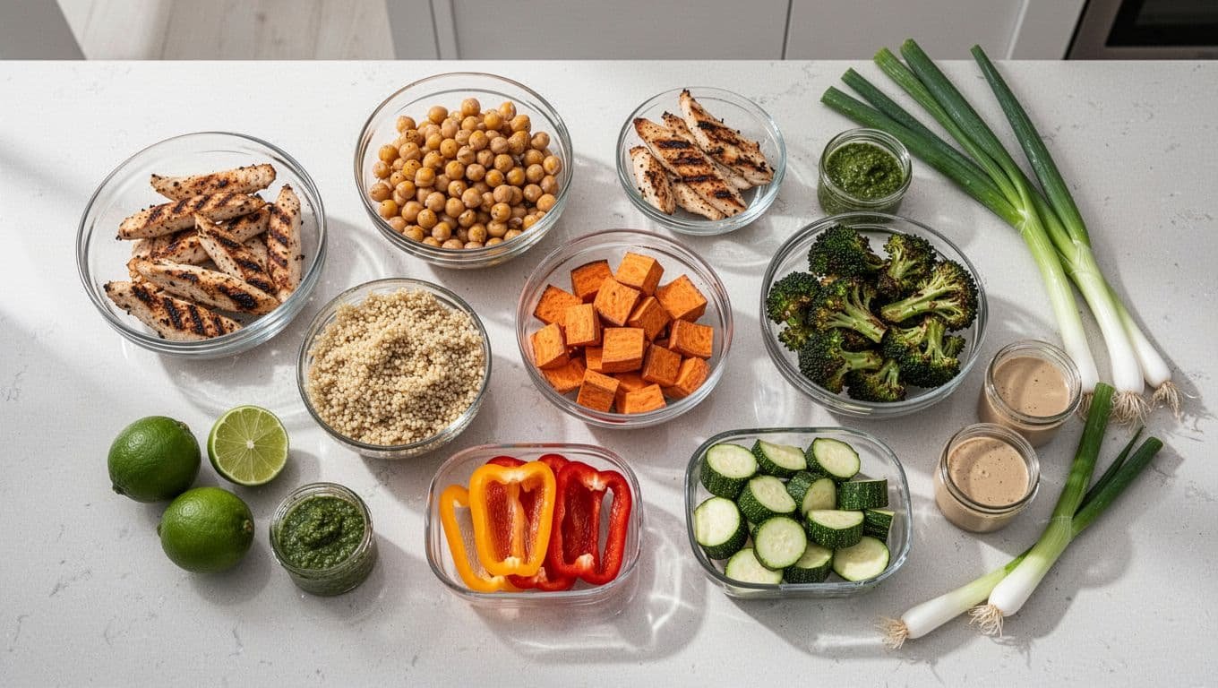 Top-down kitchen counter with glass bowls of grilled chicken, chickpeas, quinoa, sweet potato cubes, broccoli, bell peppers, zucchini, plus pesto, tahini jars, limes, green onions.