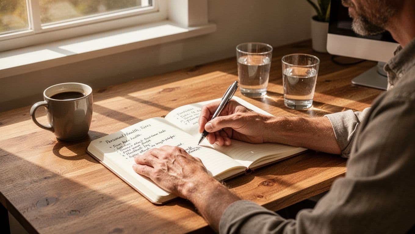 Adult sits at wooden desk in sunlit home office, writing in open notebook with pen, coffee mug and water glass nearby.