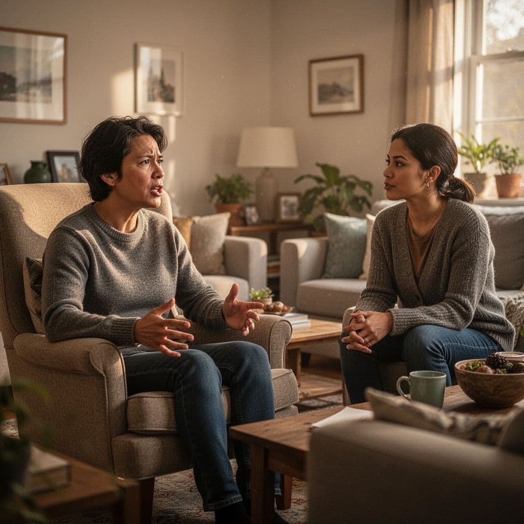 Person on chair in living room talks openly to supportive friend listening intently.