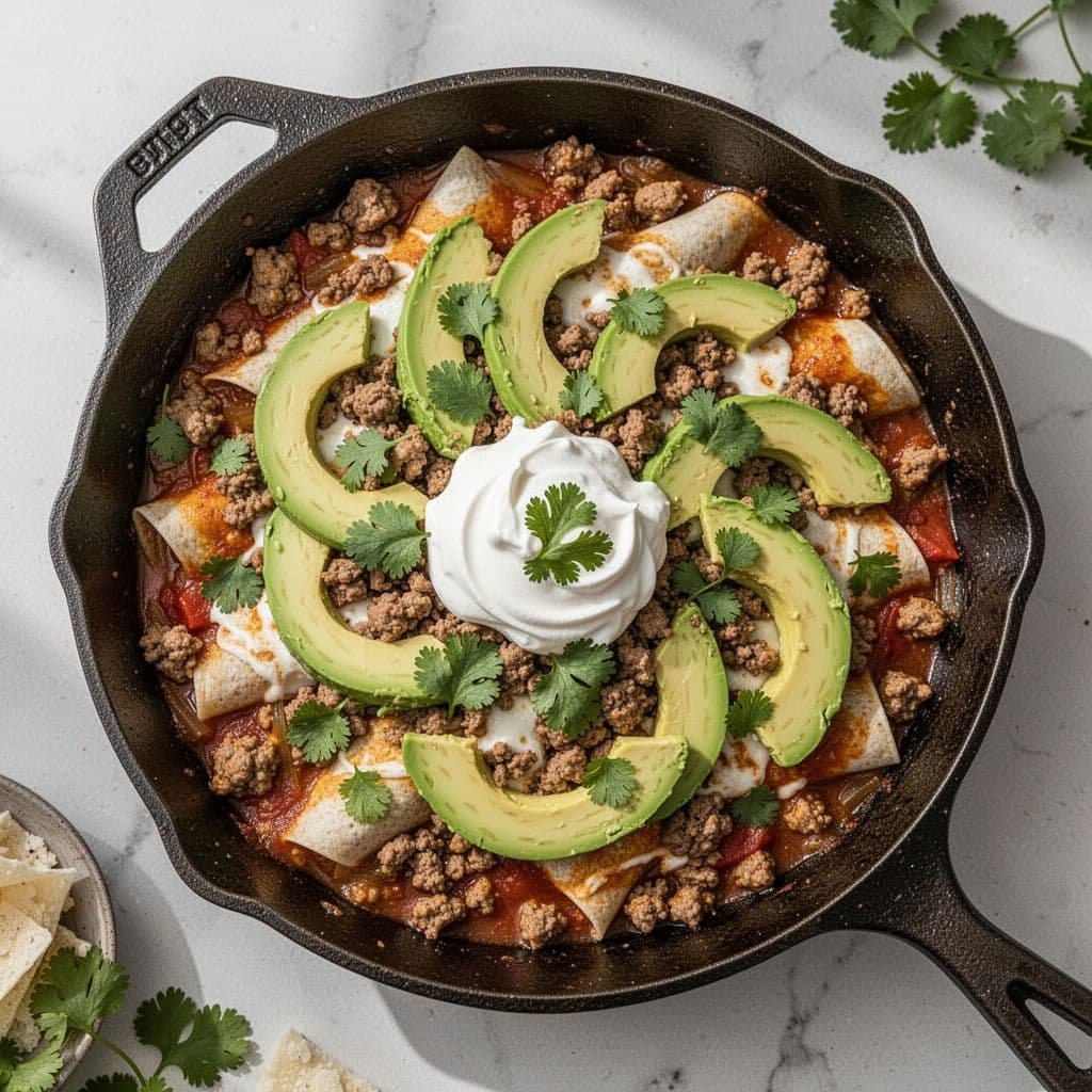 A cast iron skillet filled with colorful ground turkey enchiladas garnished with avocado, sour cream, and cilantro.