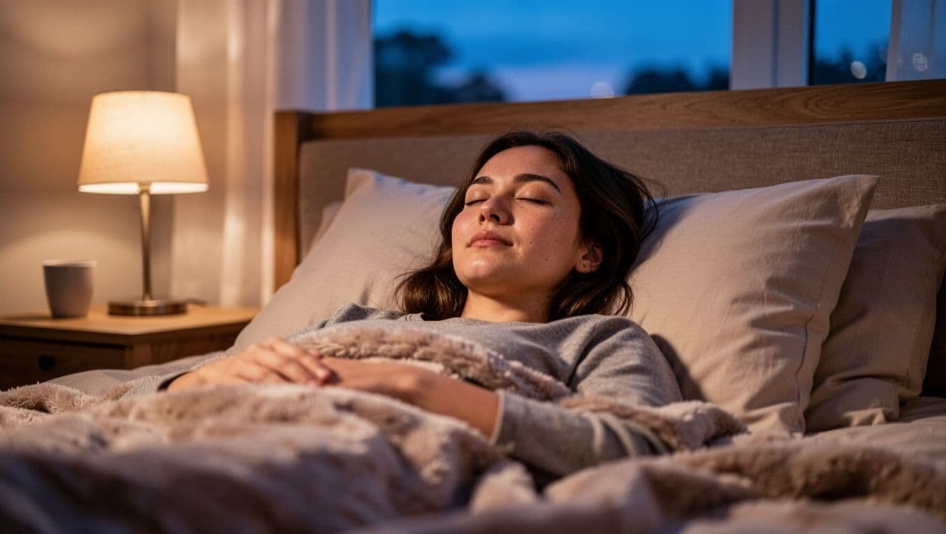 Person lies in bed with eyes closed in cozy bedroom at twilight, lit by bedside lamp.
