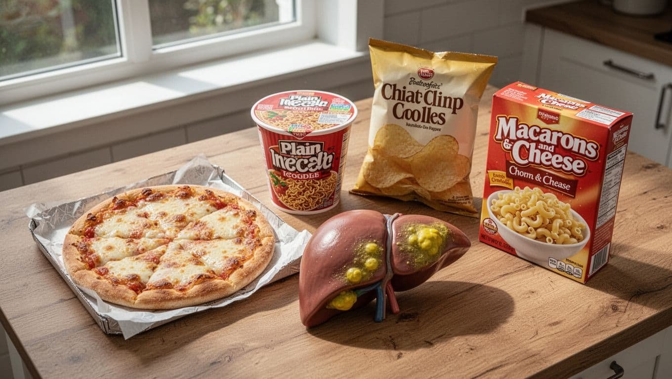 Packaged pizza, ramen cup, chips, mac and cheese, fast food bags on wooden table next to fatty inflamed liver model.