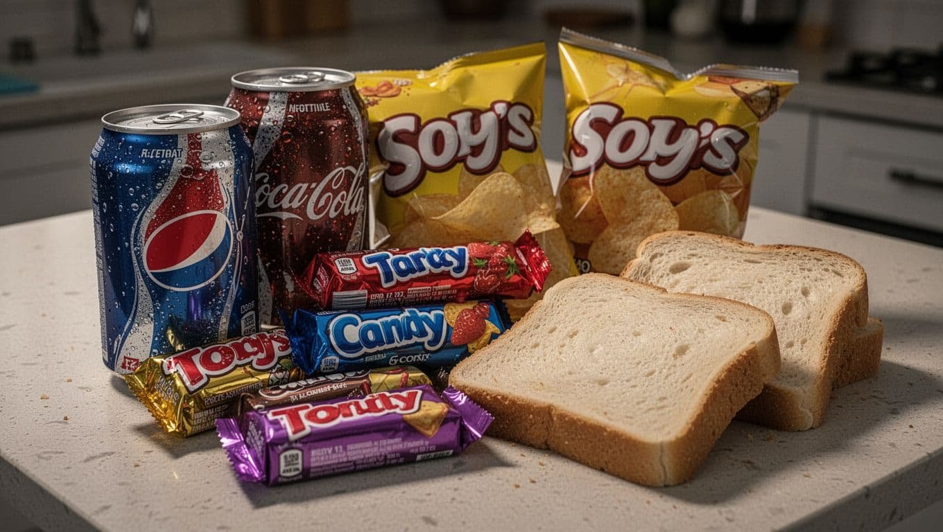 Close-up of soda cans, candy bars, chips bag, and white bread slices on a dim-lit kitchen table.