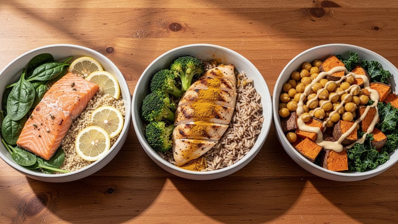 Three bowls on wooden table: salmon with spinach quinoa lemon, chicken with broccoli brown rice turmeric, chickpeas with sweet potatoes kale tahini.