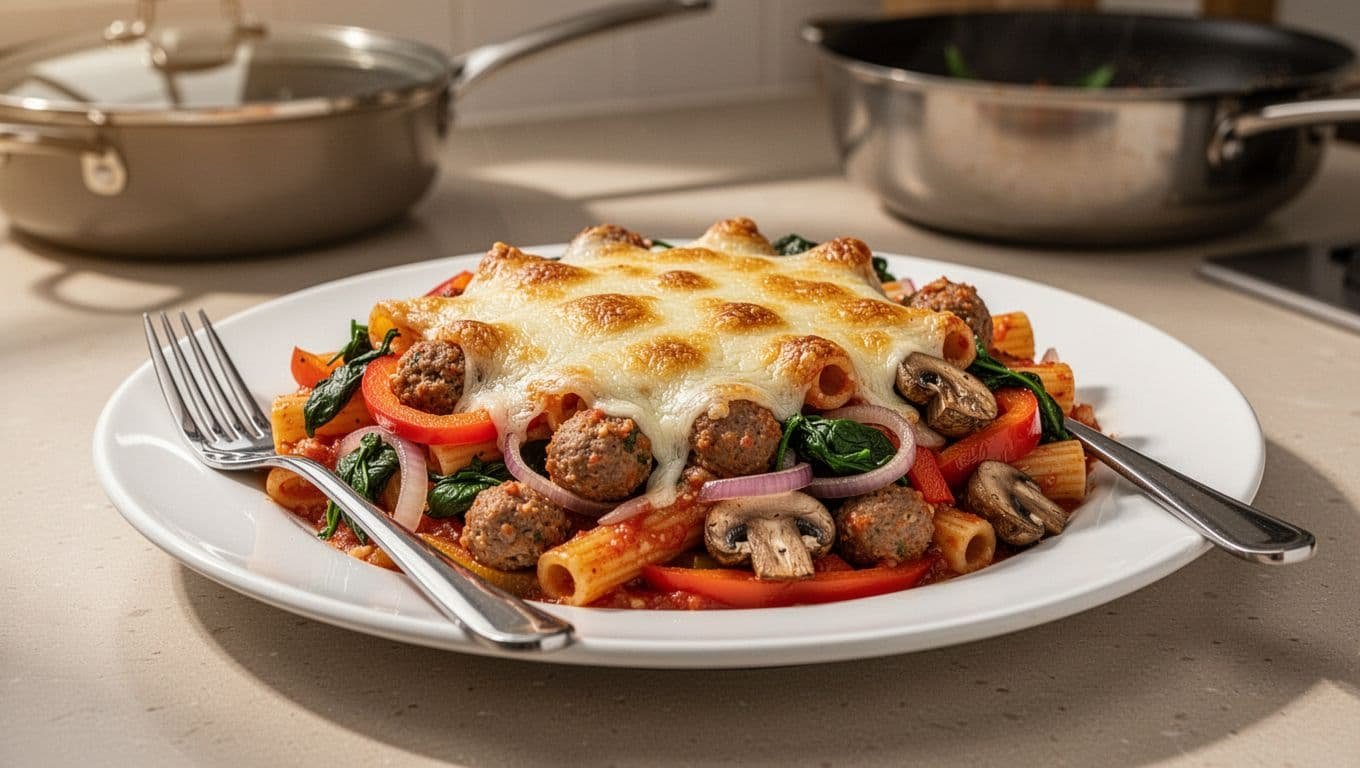 Baked ziti with sausage, bell peppers, onions, spinach, mushrooms, topped with bubbly cheese, on plate with fork.