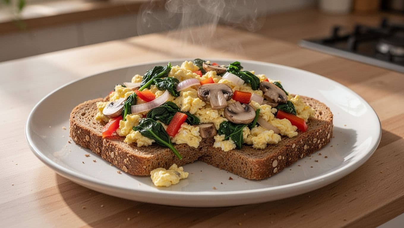 Scrambled eggs mixed with chopped spinach, red peppers, mushrooms, and onions on two slices of whole grain toast on a white plate.