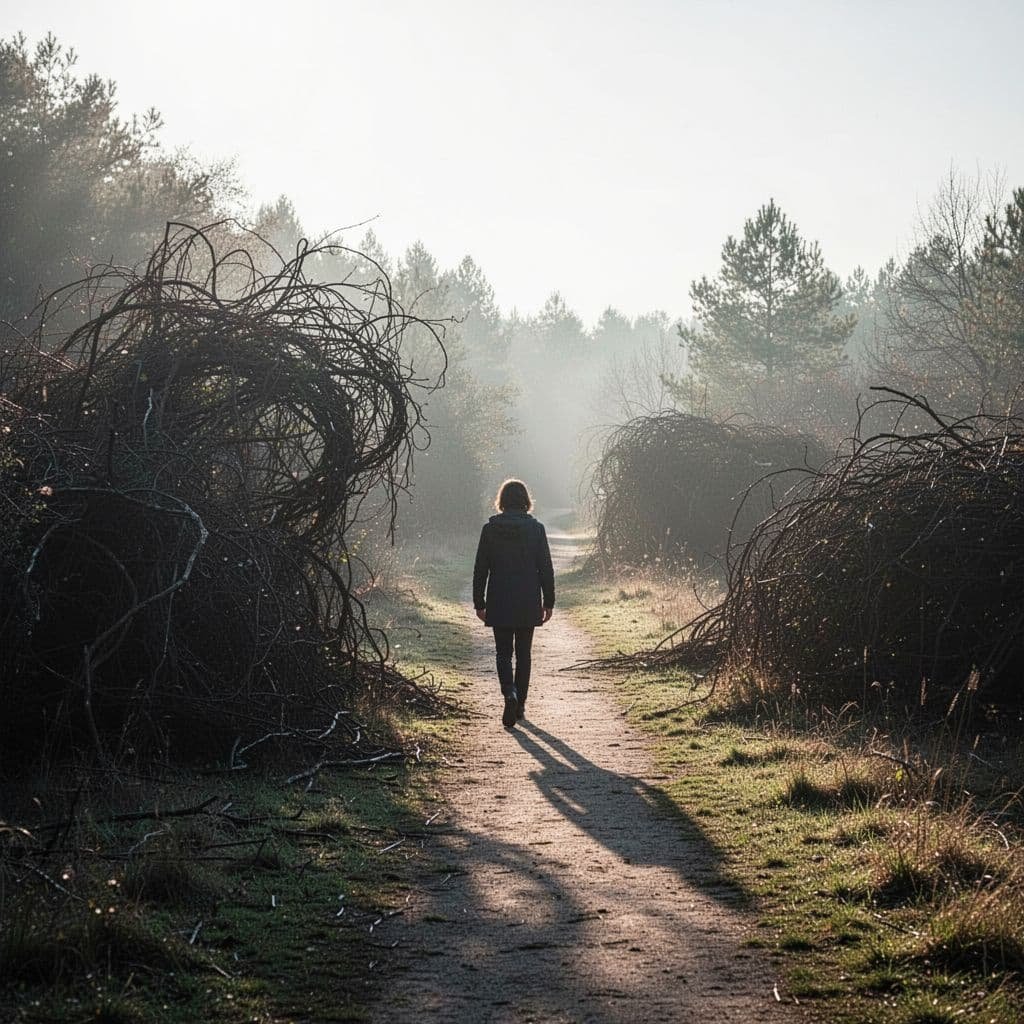 A lone figure walks away from a dark chaotic shadow onto a bright sunlit path.