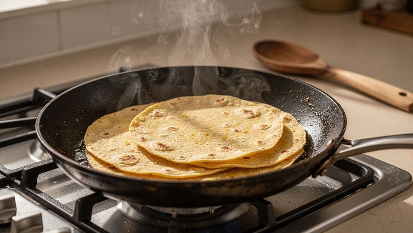 Corn tortillas heat in dry skillet on stovetop, steam rising, wooden spoon nearby.