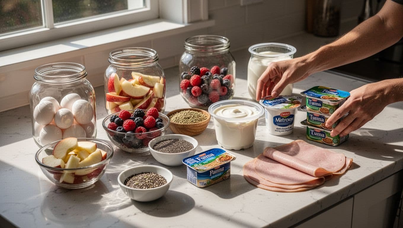 Organized kitchen counter with labeled glass containers of boiled eggs, chopped fruits, seeds, yogurt, tuna pouches, turkey slices, one hand arranging in morning sunlight.