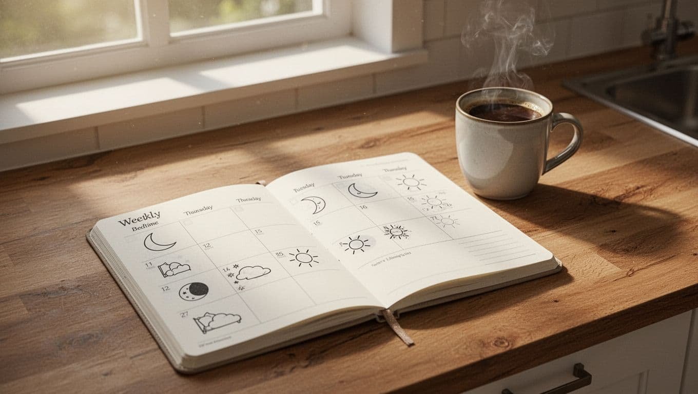 Open weekly calendar on wooden kitchen desk shows identical sun wake and moon bedtime icons daily, coffee mug nearby, morning sunlight.