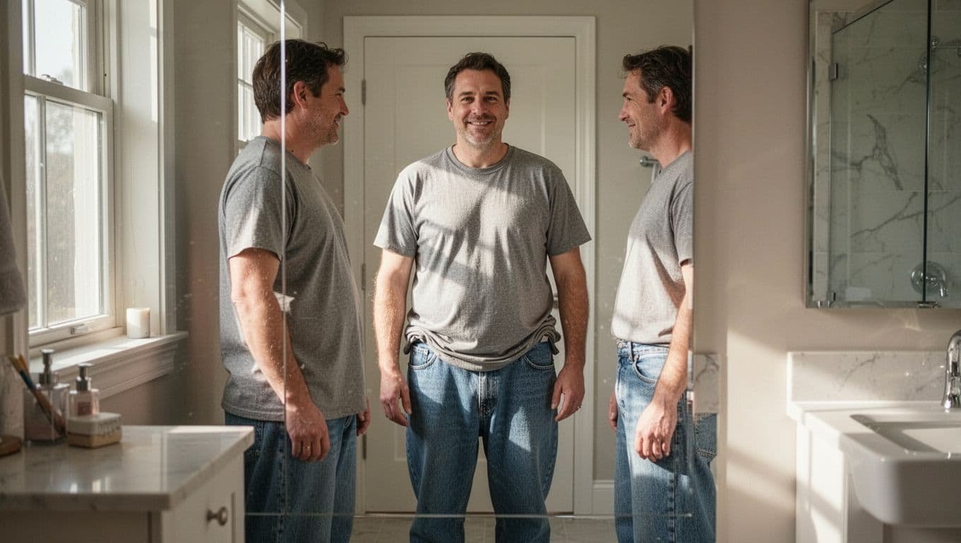 Mid-30s person stands before bathroom mirror in baggier jeans and t-shirt around waist and hips.