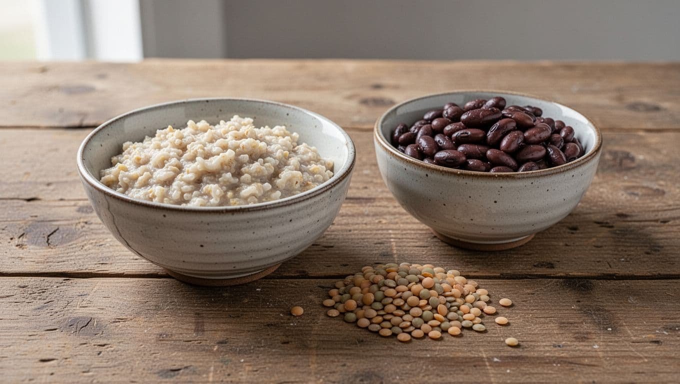 A rustic wooden table features bowls of cooked oats, dark beans, and a small pile of lentils.