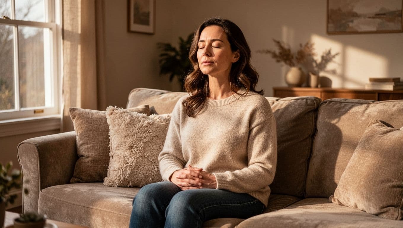 Woman in her 30s sits on couch with eyes closed, calm expression, hands in lap.