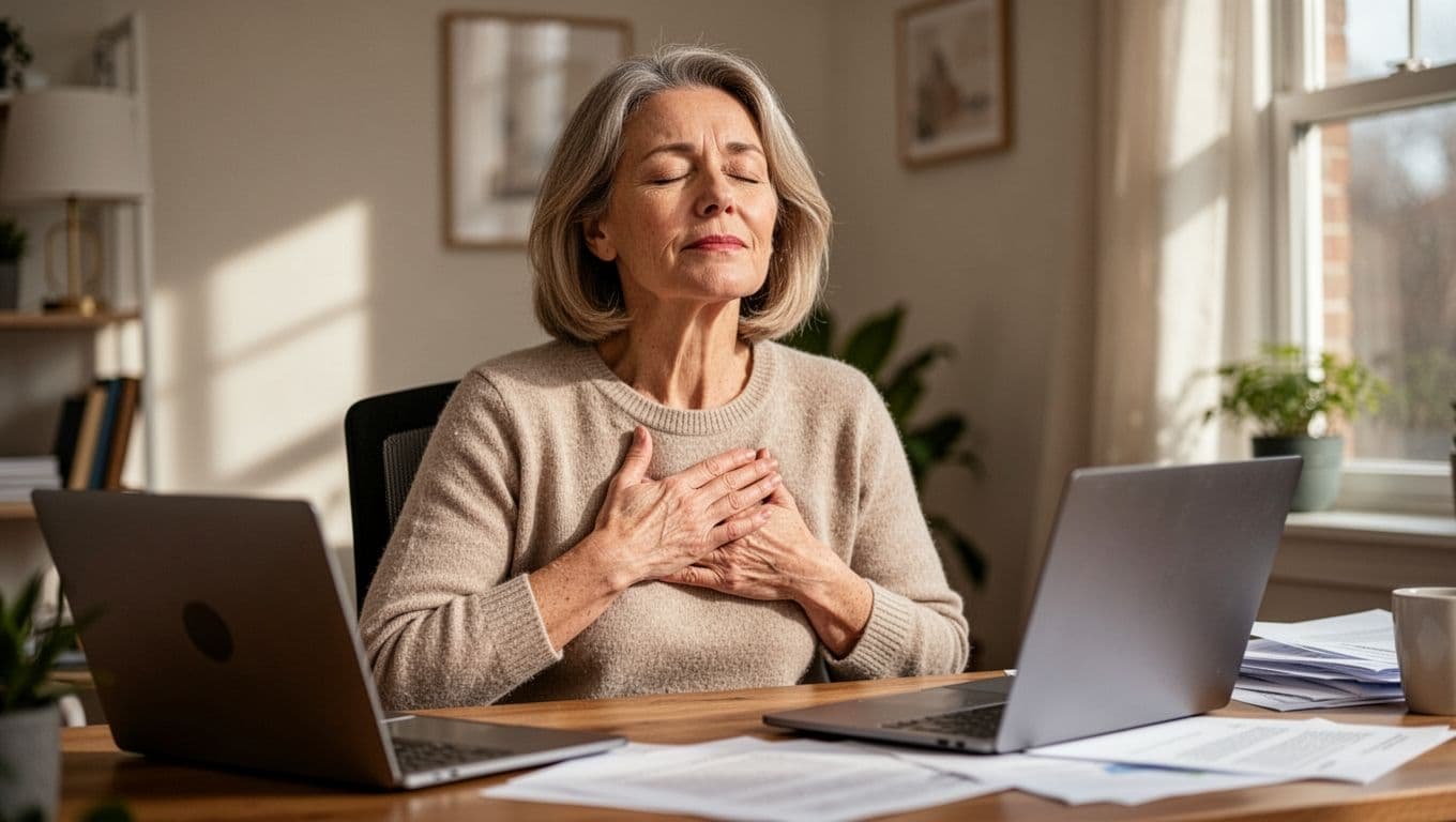 Woman in 40s at home office desk, eyes closed, hand on heart, calm expression with laptop nearby.