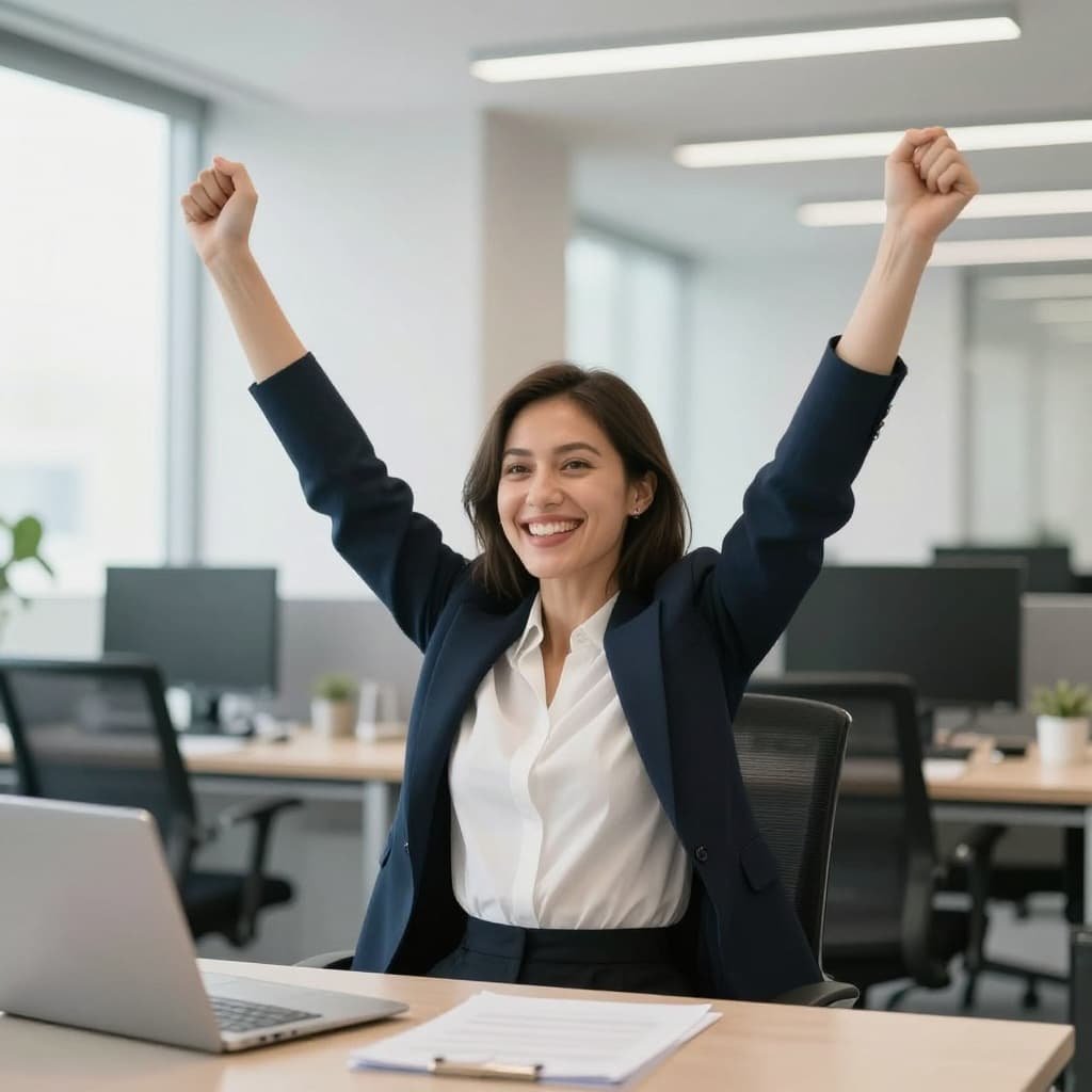 Smiling woman with arms raised in joy in bright professional office.