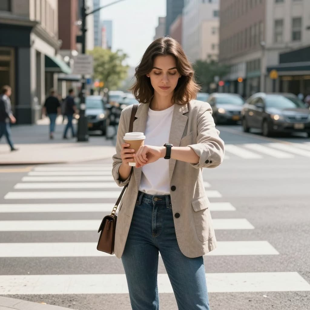 Woman stands at busy city crosswalk holding coffee and checking watch in morning light.