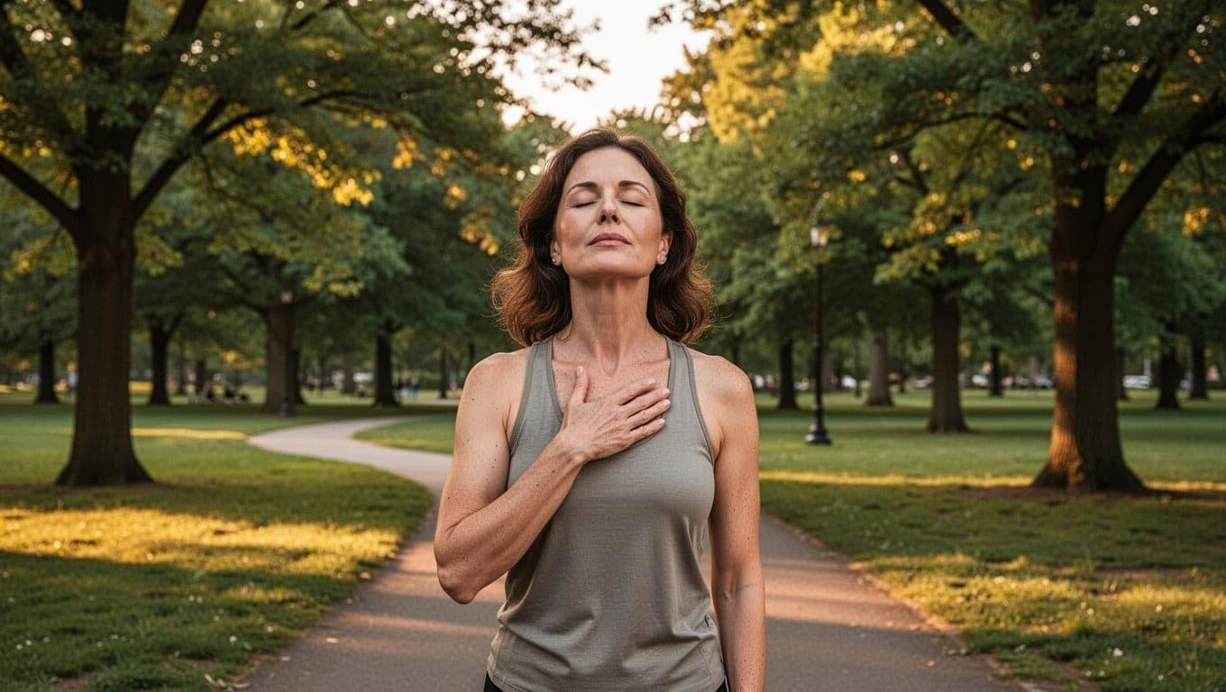 Woman in 30s stands in park with hand on chest, eyes closed, amid green trees and path in golden sunlight.