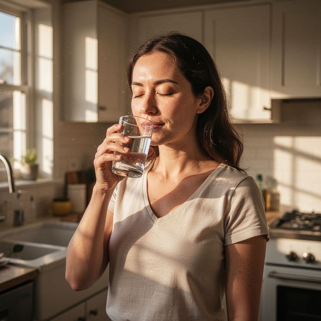 A calm woman stands in a sunlit kitchen while mindfully holding a glass of water.