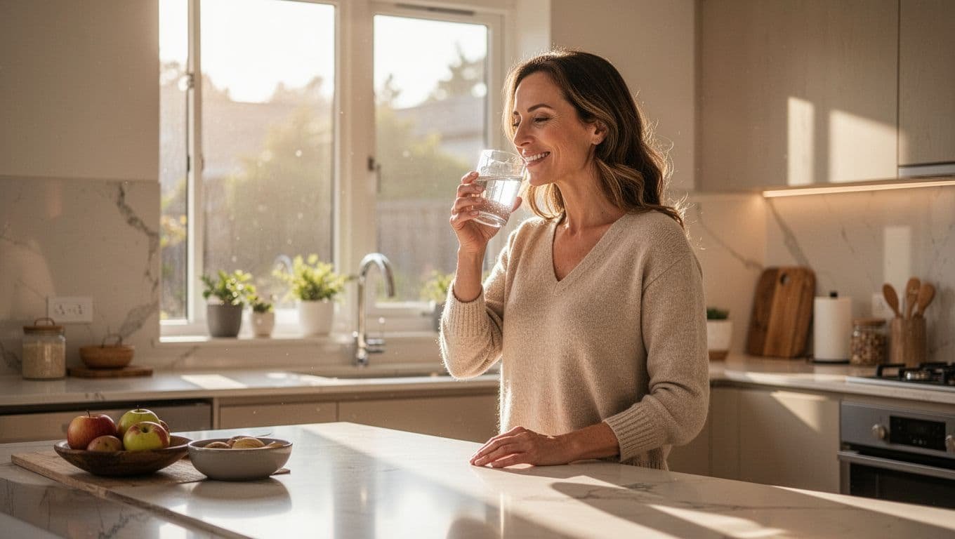 Woman in 30s drinks from clear glass of water in bright kitchen with morning sunlight behind her.