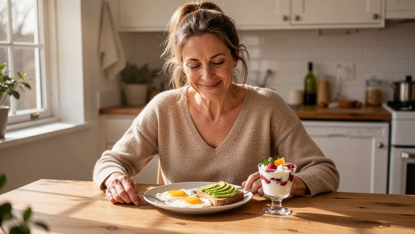 Woman with ponytail sits at sunlit kitchen table eating eggs, avocado toast, and yogurt parfait.