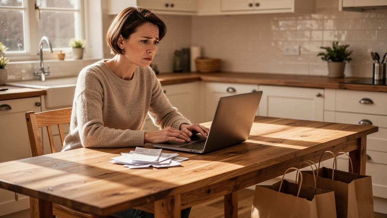 Short-haired woman in 30s sits concerned at sunlit kitchen table with open laptop, bills stack, and empty designer bags on floor.