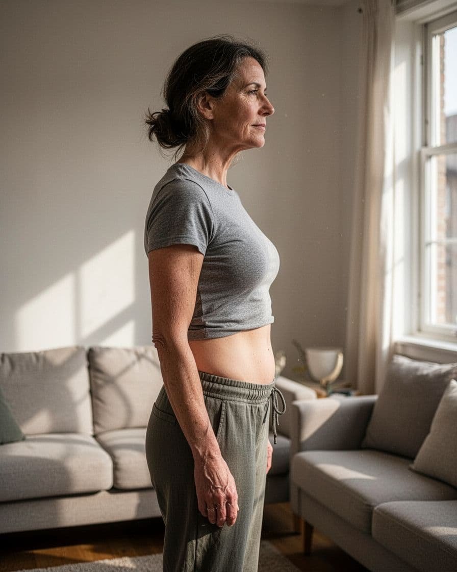 Mid-30s woman stands in profile showing flat abdomen, wearing fitted t-shirt and pants in simple living room with window light.