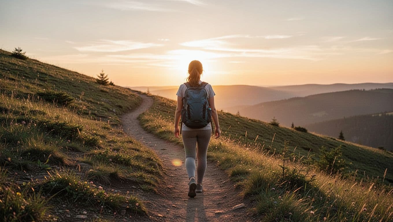 Woman with backpack walks uphill on gentle trail toward sunrise in golden light.