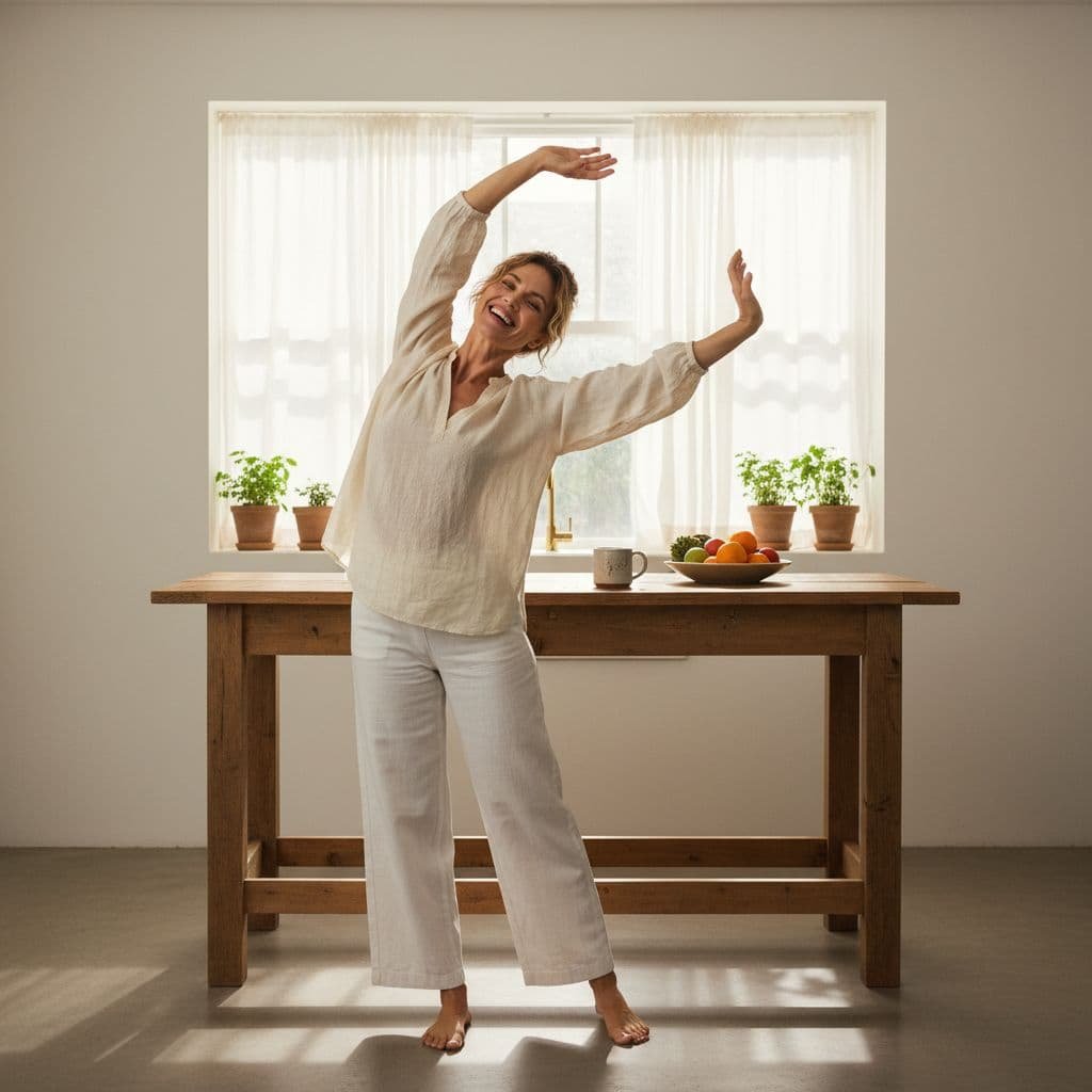 A happy woman stands in a bright, minimalist kitchen filled with warm natural sunlight.