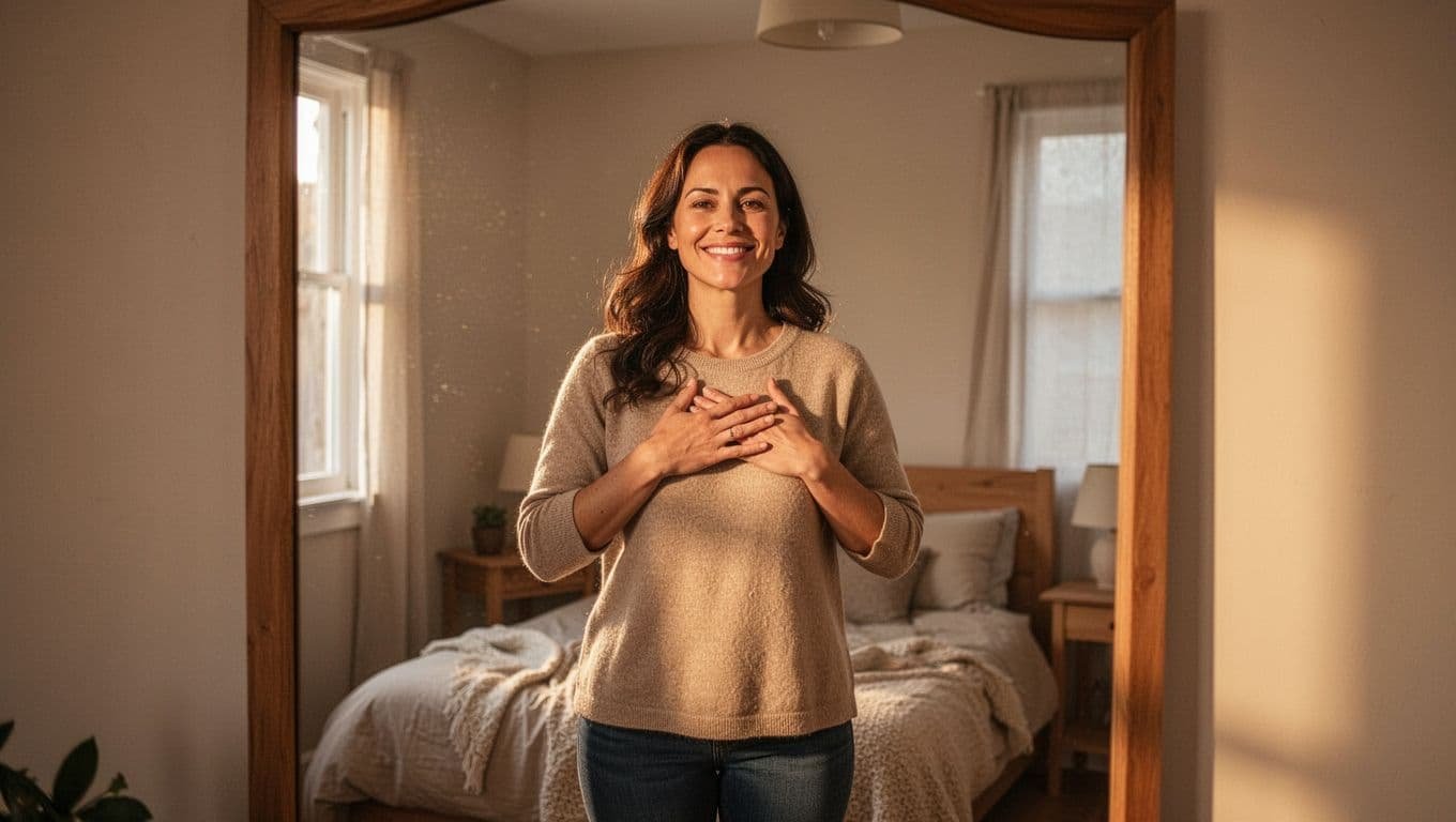 Smiling woman in her 30s stands relaxed with hands on heart in cozy bedroom mirror reflection in soft morning light.