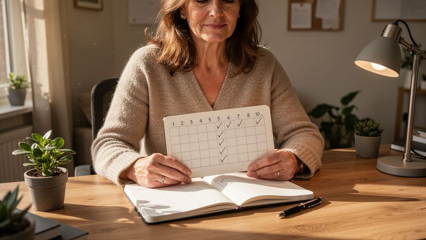 Woman in her 40s sits at home desk with open journal showing faint mood tracker grid and checkmarks, pen beside, cozy office with plant and lamp.
