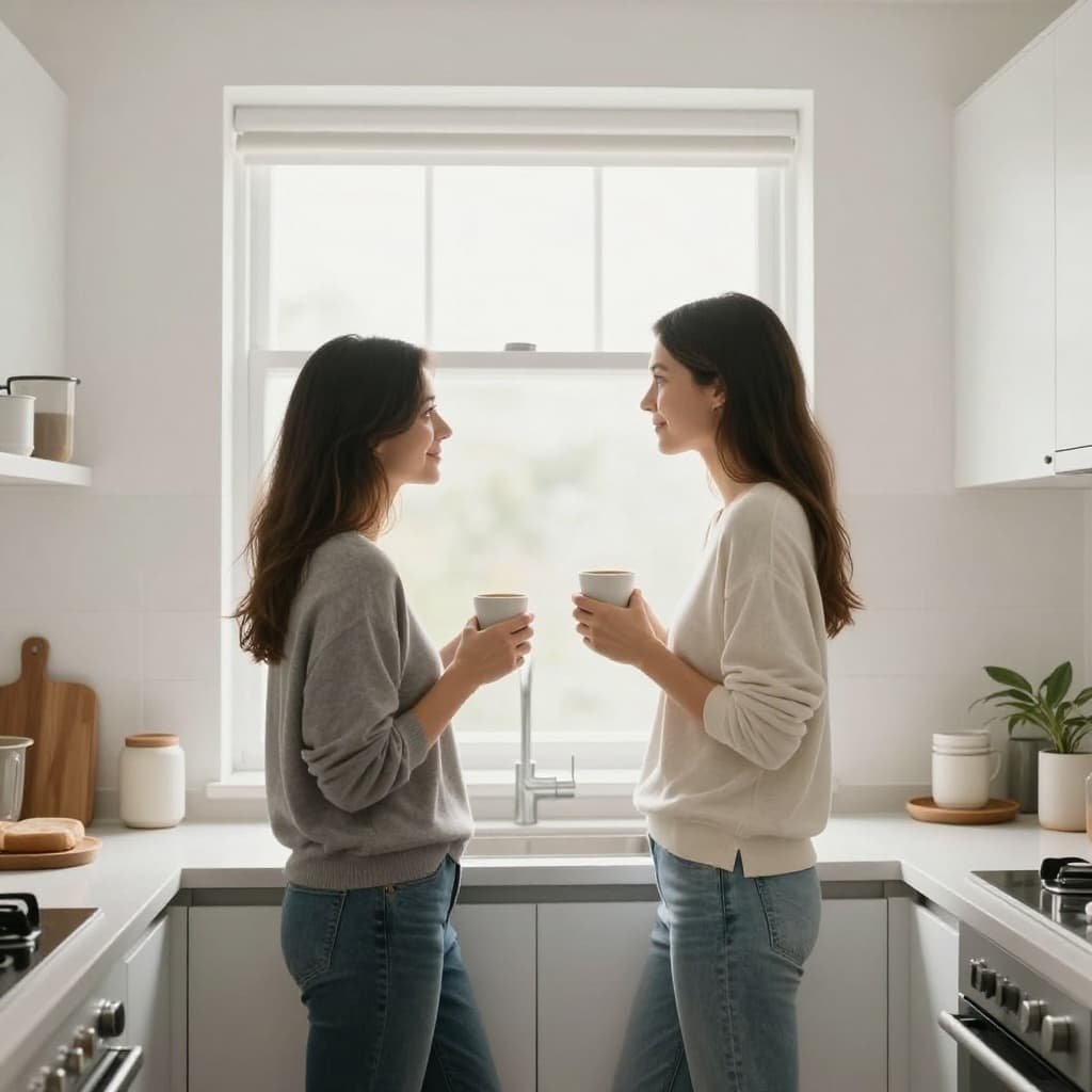 Woman stands in bright kitchen holding coffee cup, looking peacefully out window.