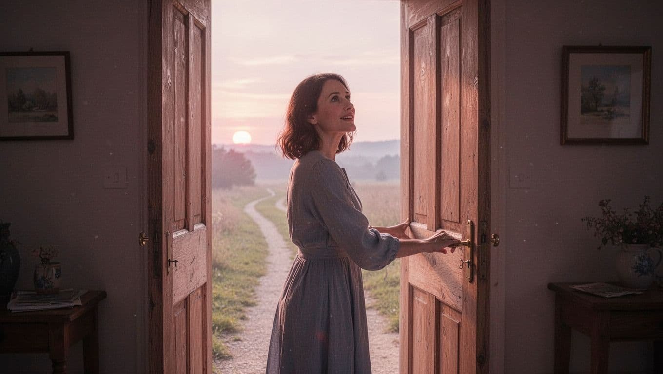 Woman in dim room opens door to bright path with dawn light.