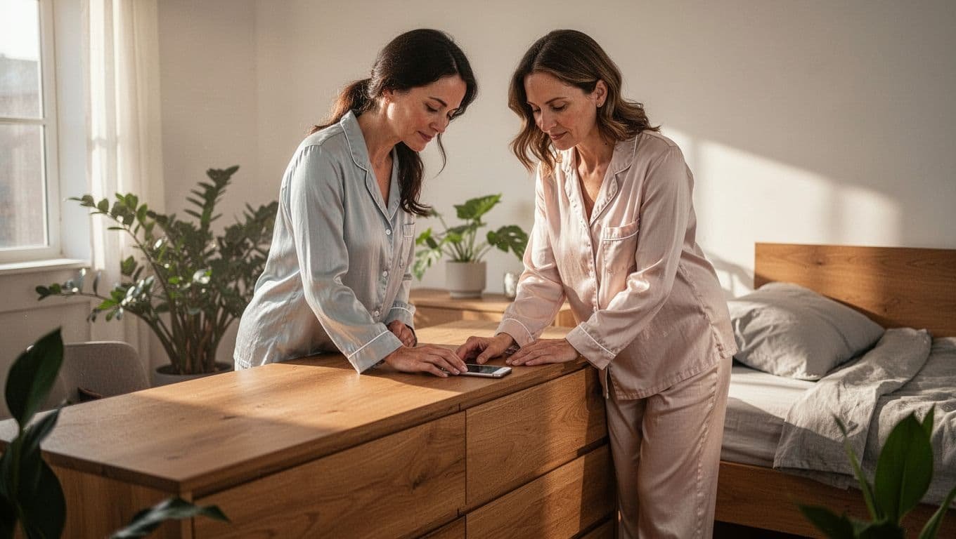 Woman in light pajamas places smartphone face down on wooden dresser in sunlit bedroom.