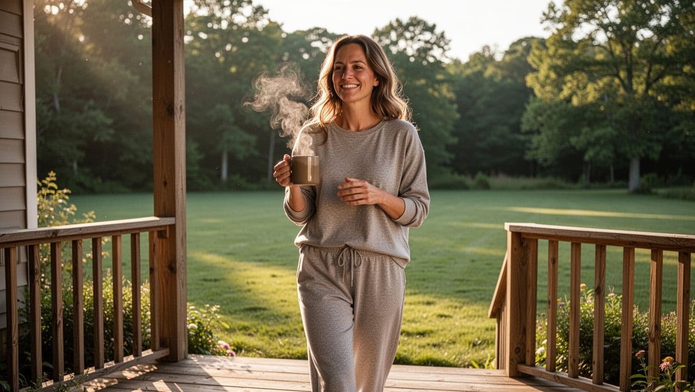 Woman in loungewear steps onto wooden porch holding steaming coffee mug, sunlight on her happy face, green yard behind.