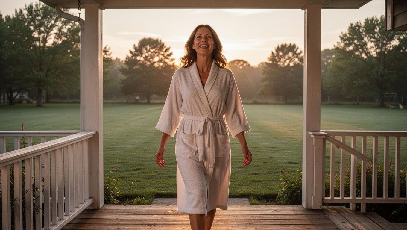 Woman in robe steps onto wooden porch at dawn, sunlight on her face, green yard behind.