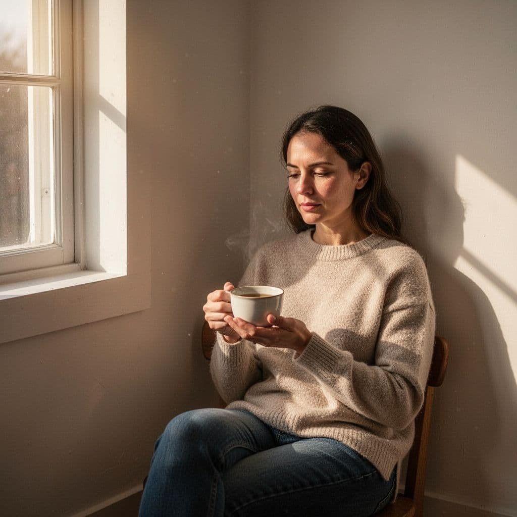 A woman sits peacefully in a sunlit corner holding a warm cup of tea.