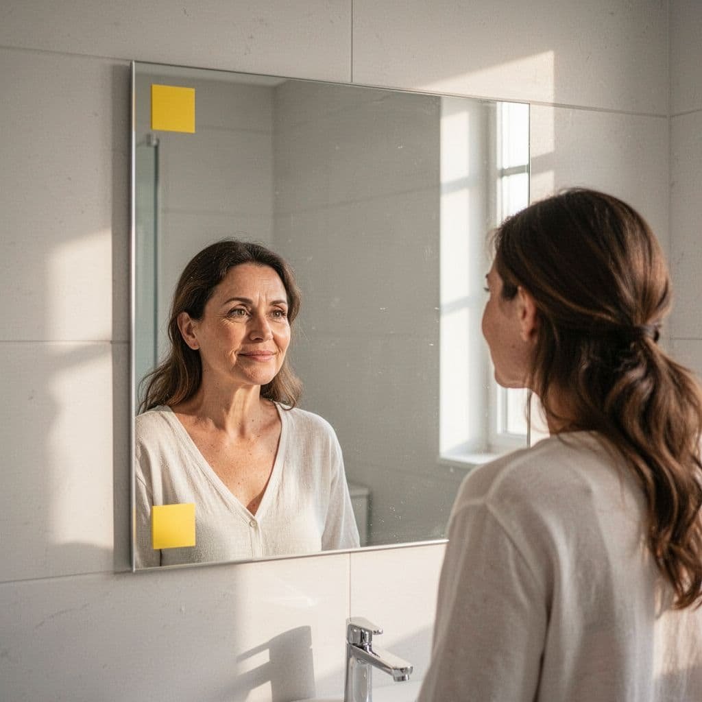A woman looks at her reflection in a bright bathroom mirror featuring a blank sticky note.