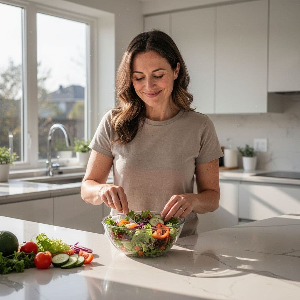 A smiling woman prepares a colorful salad in a bright modern kitchen with morning light.