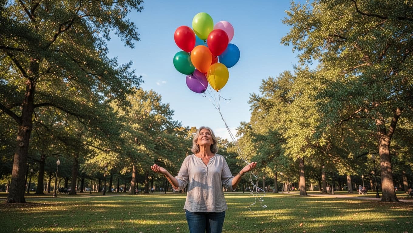 Middle-aged woman with relaxed expression stands in park, open hands releasing colorful balloons into clear blue sky.