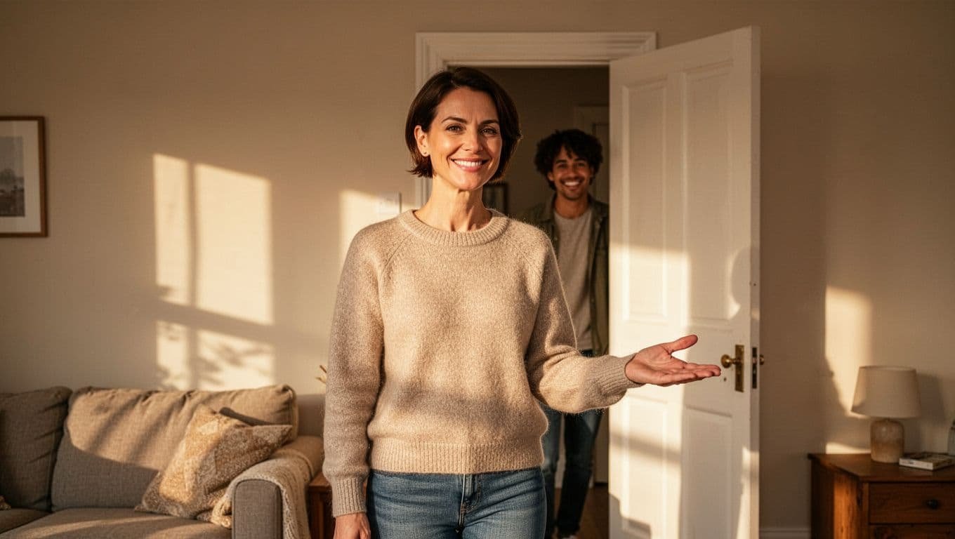 Confident short-haired woman in sunlit living room extends palm to decline smiling friend's invitation at open door.