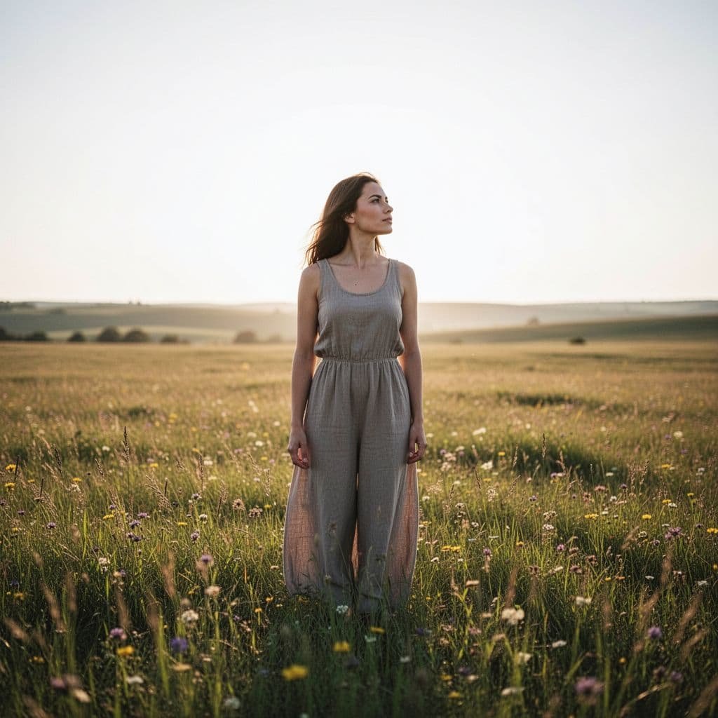 A woman stands in a bright, grassy field looking toward a distant horizon.