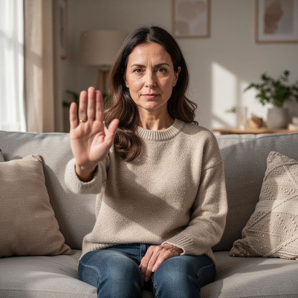 Woman sits on couch raising one hand in polite stop gesture with calm expression.