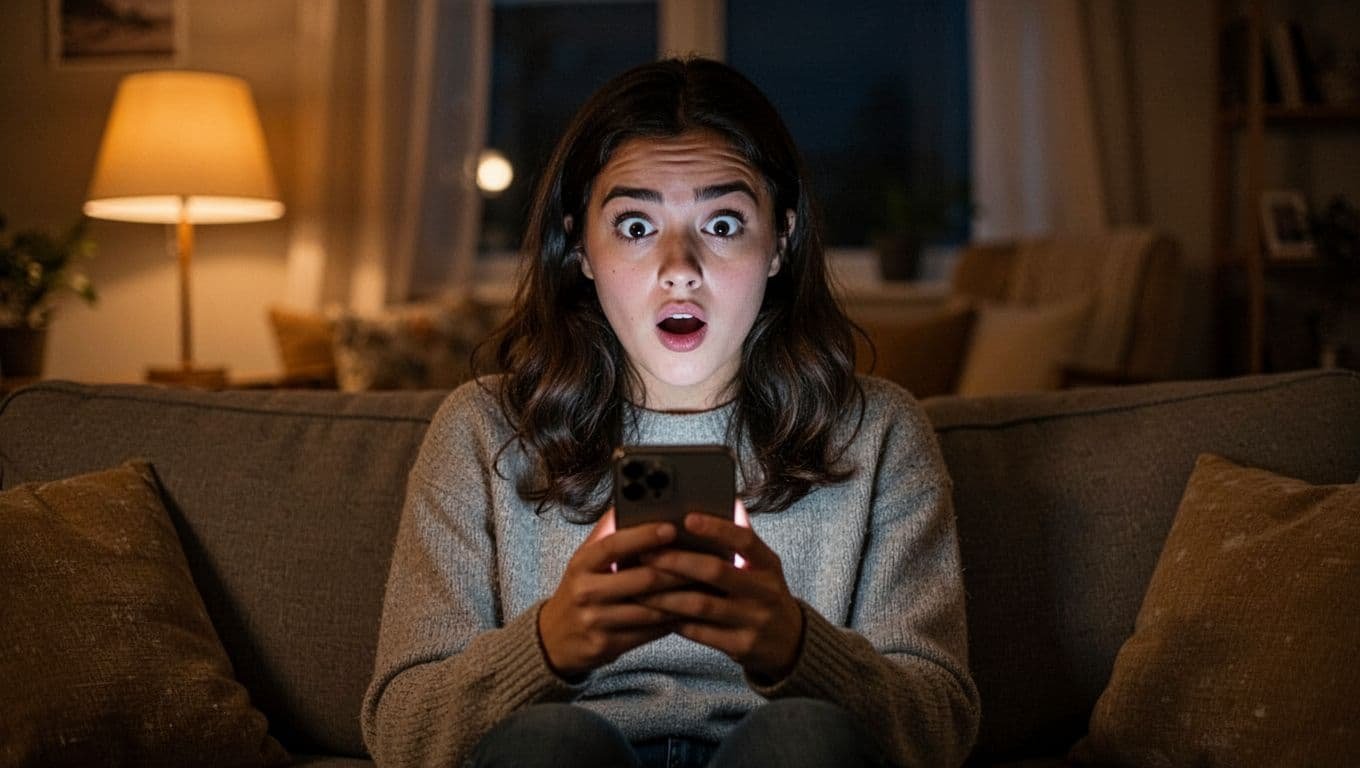 Young woman sits alone on couch in dimly lit living room, surprised expression checking smartphone notification under warm lamp.