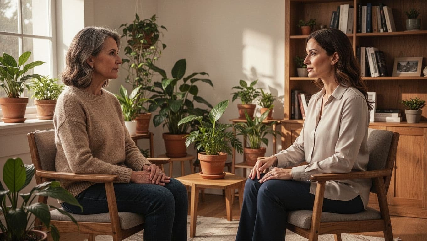 Mid-30s woman converses with female therapist in cozy office with plants and bookshelves.