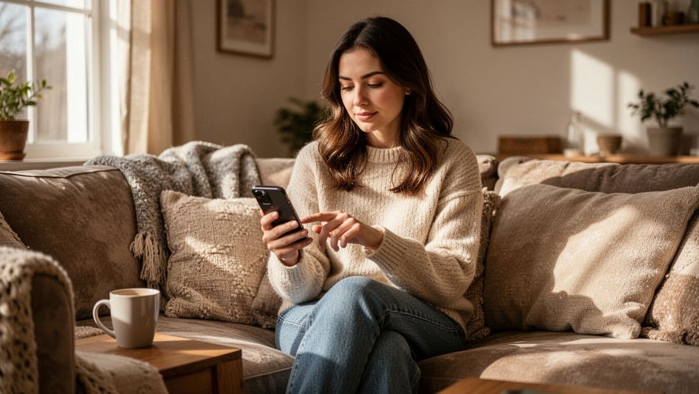 Young woman sits relaxed on couch in cozy living room, typing on phone with coffee mug nearby.