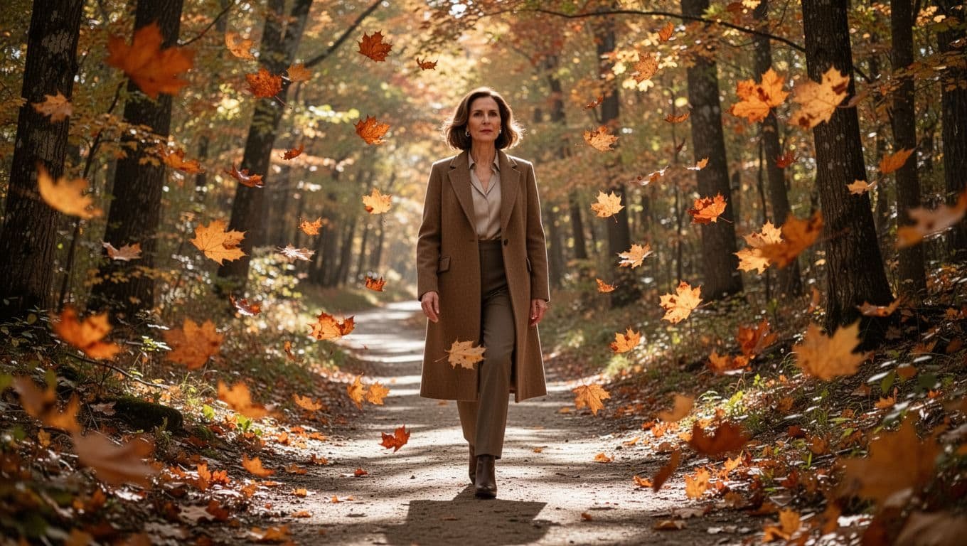 Woman in her 40s walks relaxed on forest path amid colorful falling autumn leaves.