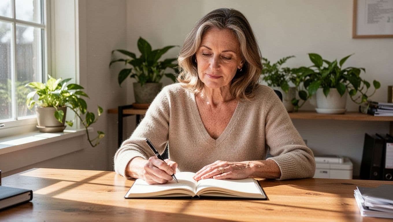Middle-aged woman sits at wooden desk in bright home office, writing in open journal.