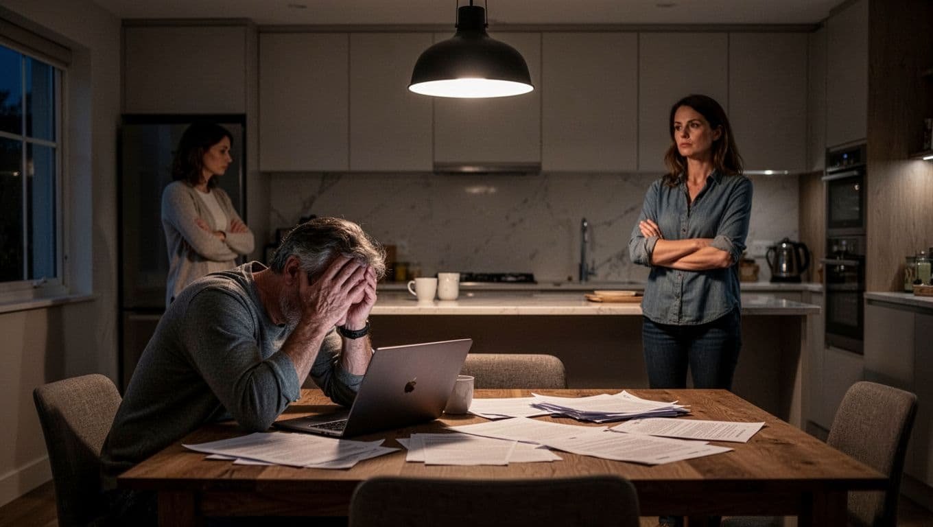 Middle-aged man exhausted at kitchen table head in hands amid laptop and papers; wife arms crossed sad by counter.