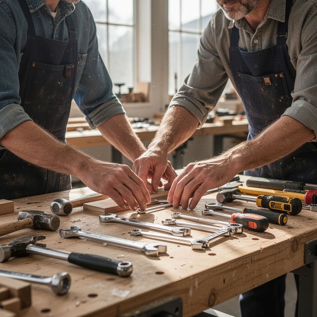 A person calmly organizes tools on a workbench in a bright workshop.